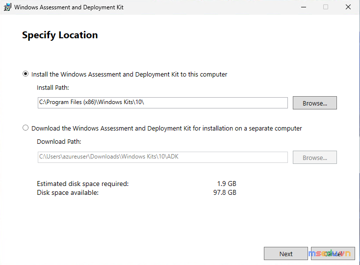 Màn hình Specify Location của trình cài Windows ADK, chọn Install to this computer