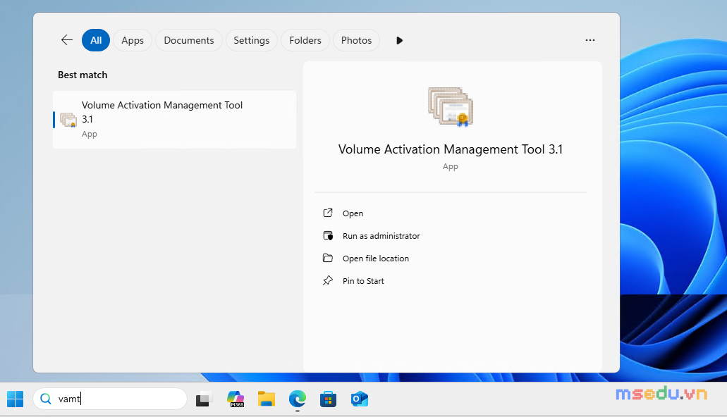Tìm vamt trong Start Menu — ứng dụng Volume Activation Management Tool 3.1