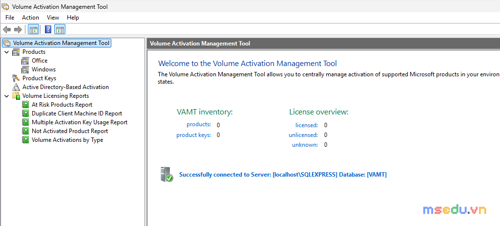 Giao diện chính VAMT — báo Successfully connected to Server localhost\SQLEXPRESS Database VAMT