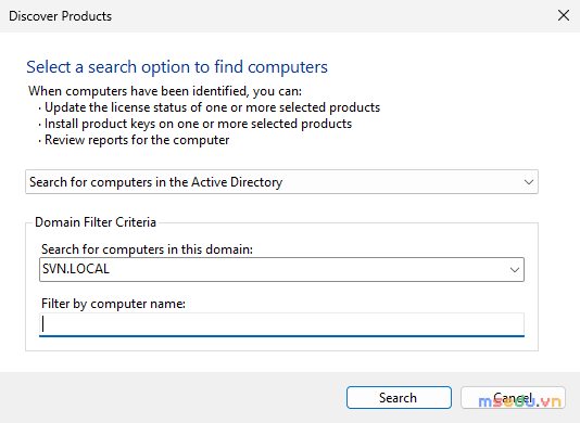 Hộp Discover Products — chọn Search for computers in the Active Directory, domain SVN.LOCAL