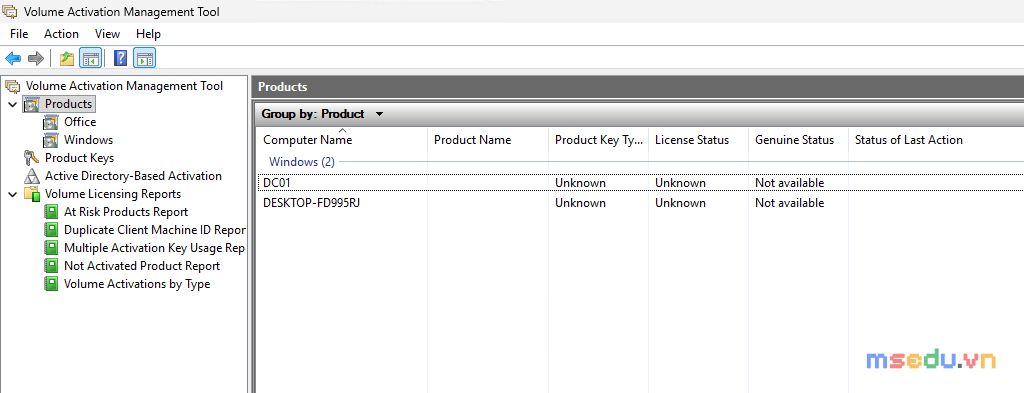 VAMT liệt kê máy tìm được qua Active Directory: DC01 và DESKTOP-FD995RJ, License Status Unknown