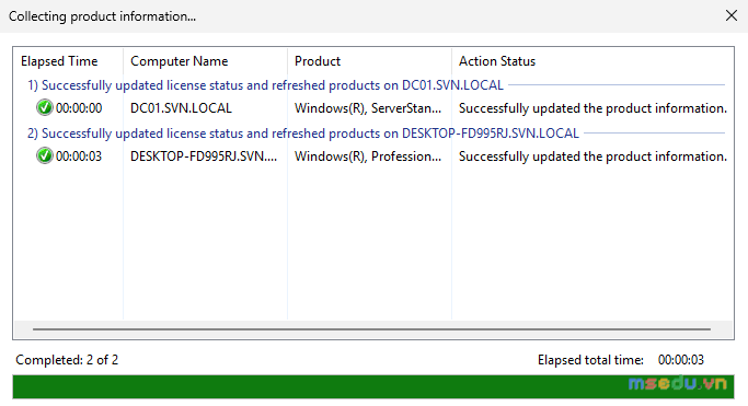 Hộp Collecting product information — cập nhật license status thành công cho DC01 và DESKTOP-FD995RJ (2/2)
