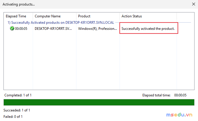 Hộp Activating products — kích hoạt thành công máy DESKTOP-KR1ORRT (Successfully activated the product)