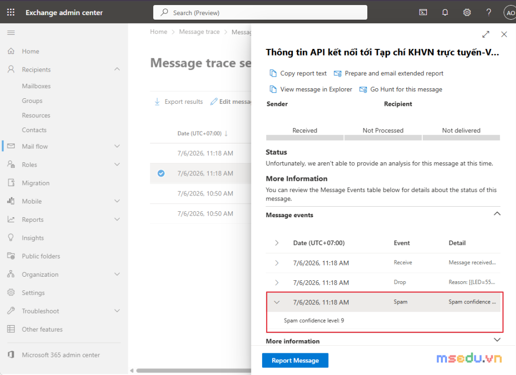 Chi tiết Message events cho thấy email bị chấm Spam confidence level 9