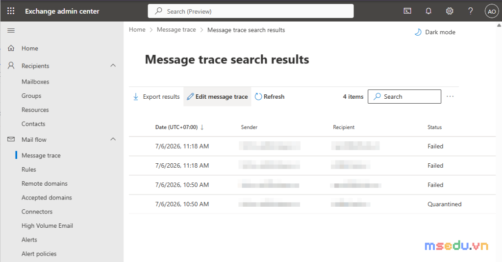 Kết quả Message trace hiển thị email cần kiểm tra