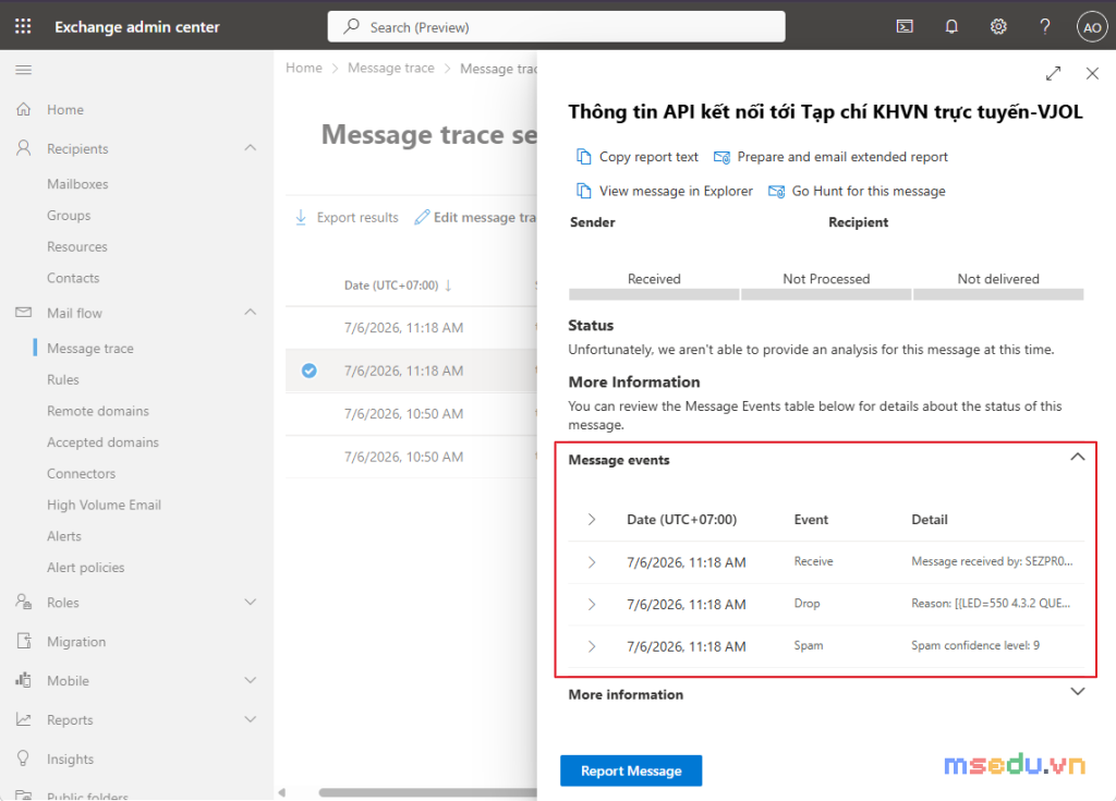 Bảng Message events: Receive, Drop với Reason LED=550, và Spam confidence level 9
