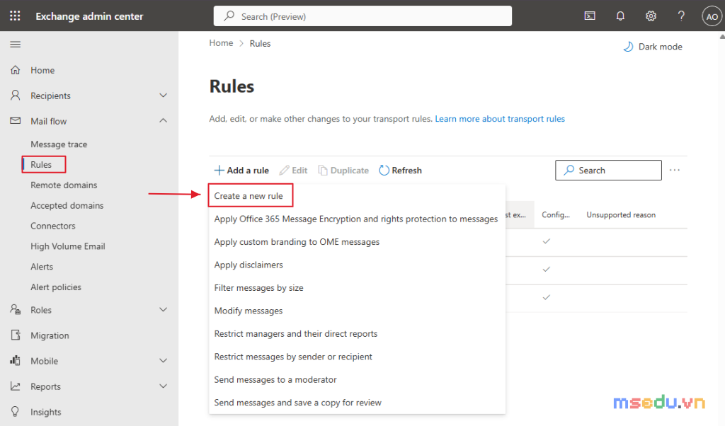 Tạo transport rule mới: Mail flow, Rules, Add a rule, Create a new rule