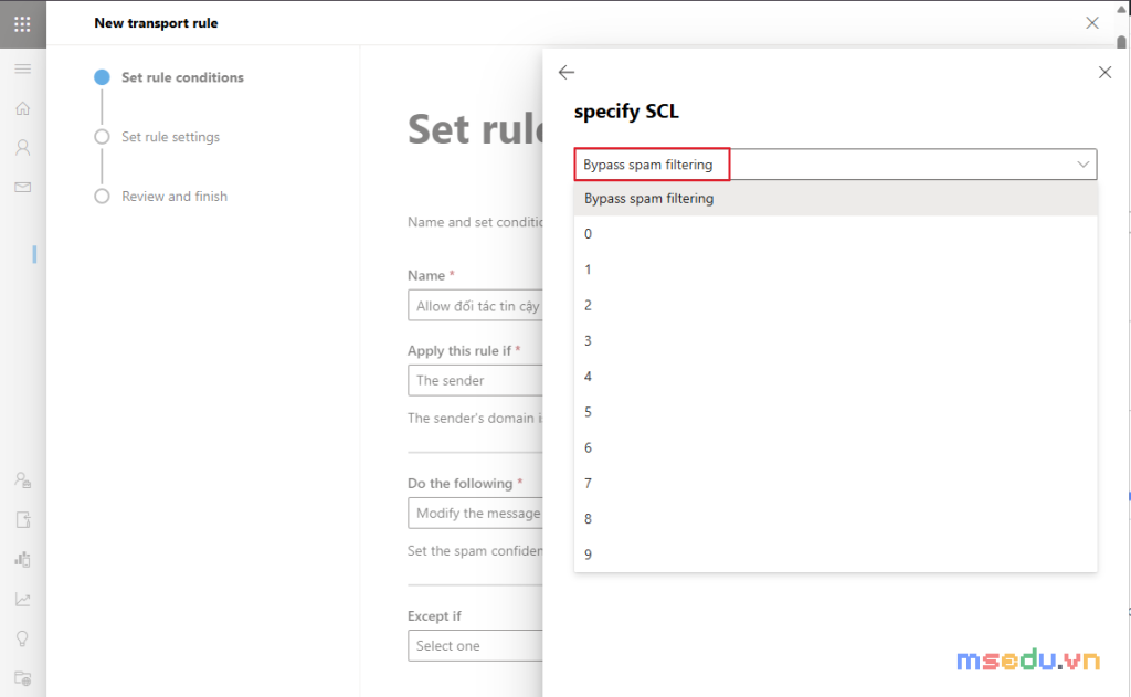 Đặt Set the spam confidence level (SCL) sang Bypass spam filtering (-1)