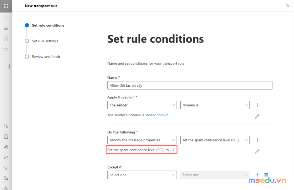 Xem lại và lưu transport rule ở bước Review and finish