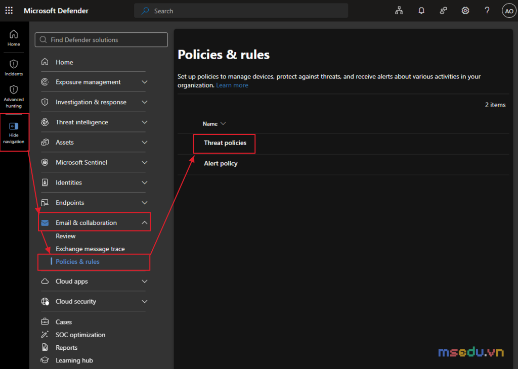 Mở Anti-spam policies trong Microsoft Defender: Email & collaboration, Policies & rules, Threat policies