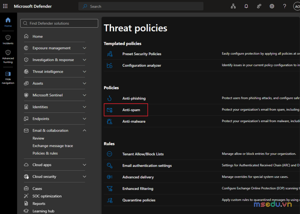 Danh sách Anti-spam inbound policy trong Microsoft Defender