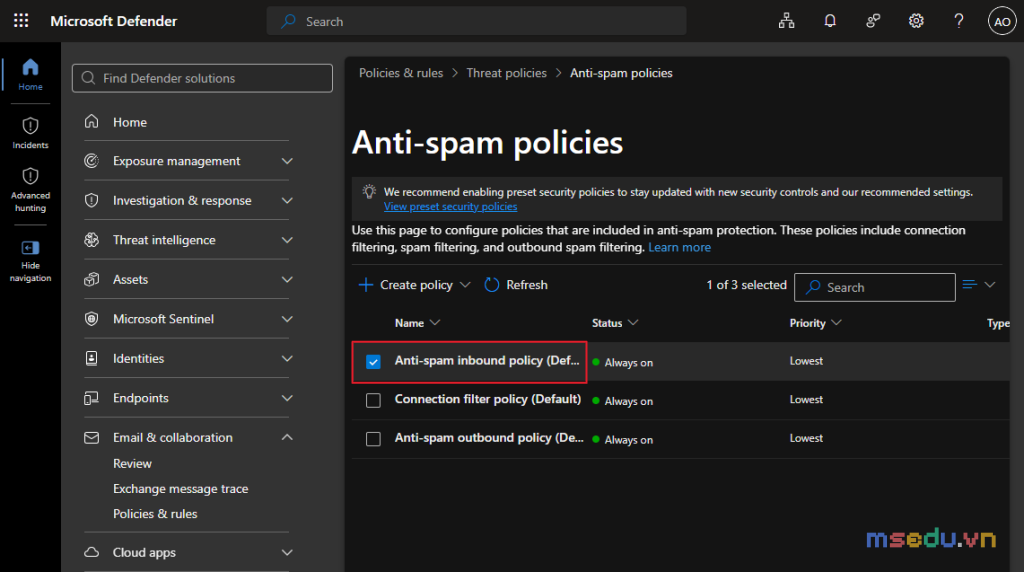 Chỉnh sửa Anti-spam inbound policy đang áp dụng cho người dùng
