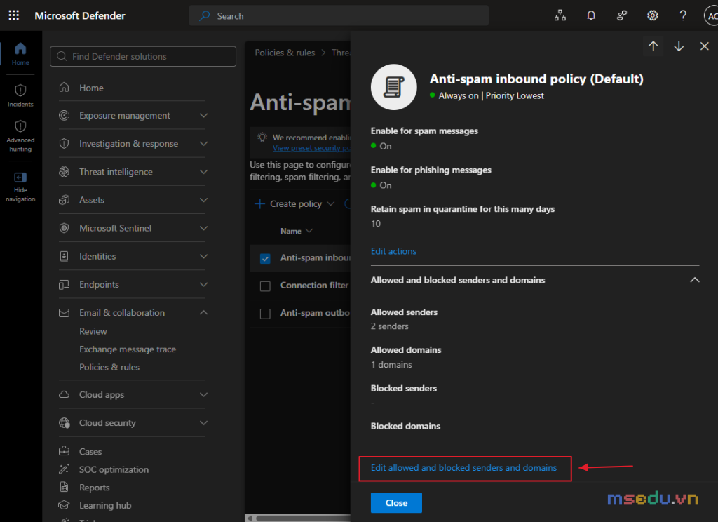 Mục Allowed senders và Allowed domains trong Anti-spam policy