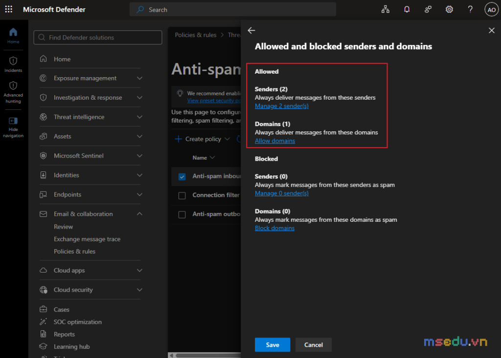 Bảng Allowed and blocked senders and domains để thêm người gửi hoặc miền vào danh sách cho phép