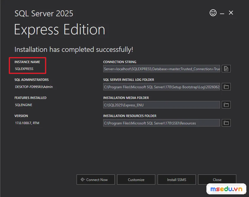 SQL Server 2025 Express — Installation has completed successfully, Instance name SQLEXPRESS