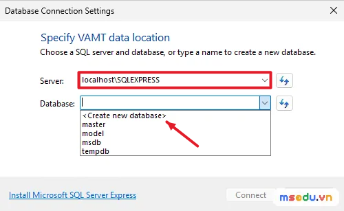 Cửa sổ Database Connection Settings — Server localhost\SQLEXPRESS, mở danh sách Database