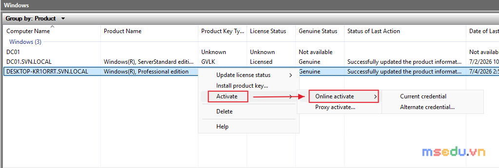 Menu chuột phải trong VAMT — Activate → Online activate → Current/Alternate credential, và Proxy activate
