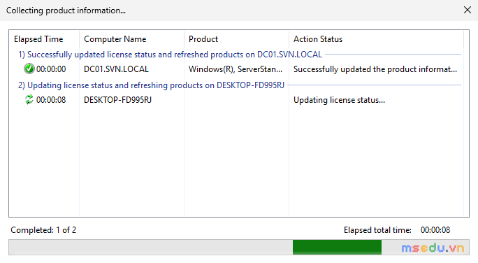 Hộp Collecting product information — VAMT đang cập nhật license status qua WMI cho DC01 và DESKTOP-FD995RJ