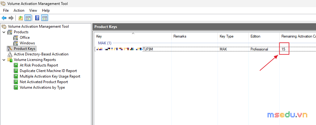 Product Keys trong VAMT — khoá MAK YNQJ7 còn 15 lượt (Remaining Activation Count) sau khi kích hoạt một máy