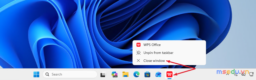 Menu chuột phải của WPS Office trên thanh Taskbar với tùy chọn Close window