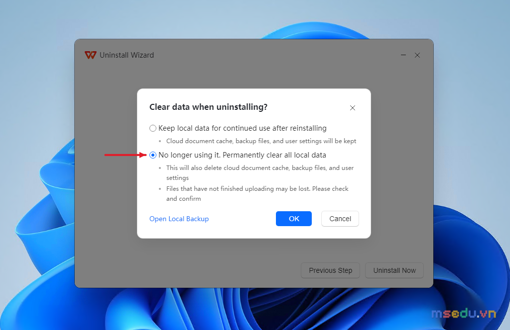 Hộp thoại Clear data when uninstalling của WPS Office với lựa chọn xóa toàn bộ dữ liệu cục bộ và nút OK