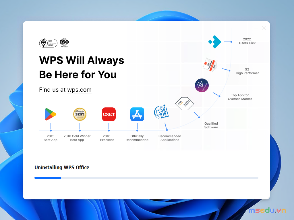 Cửa sổ WPS Office đang thực hiện quá trình Uninstalling WPS Office