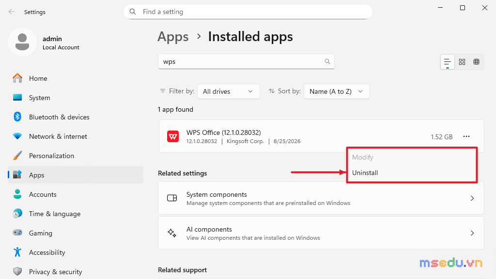 Windows 11 Settings tại Apps > Installed apps, tìm WPS Office và mở menu ba chấm với tùy chọn Uninstall