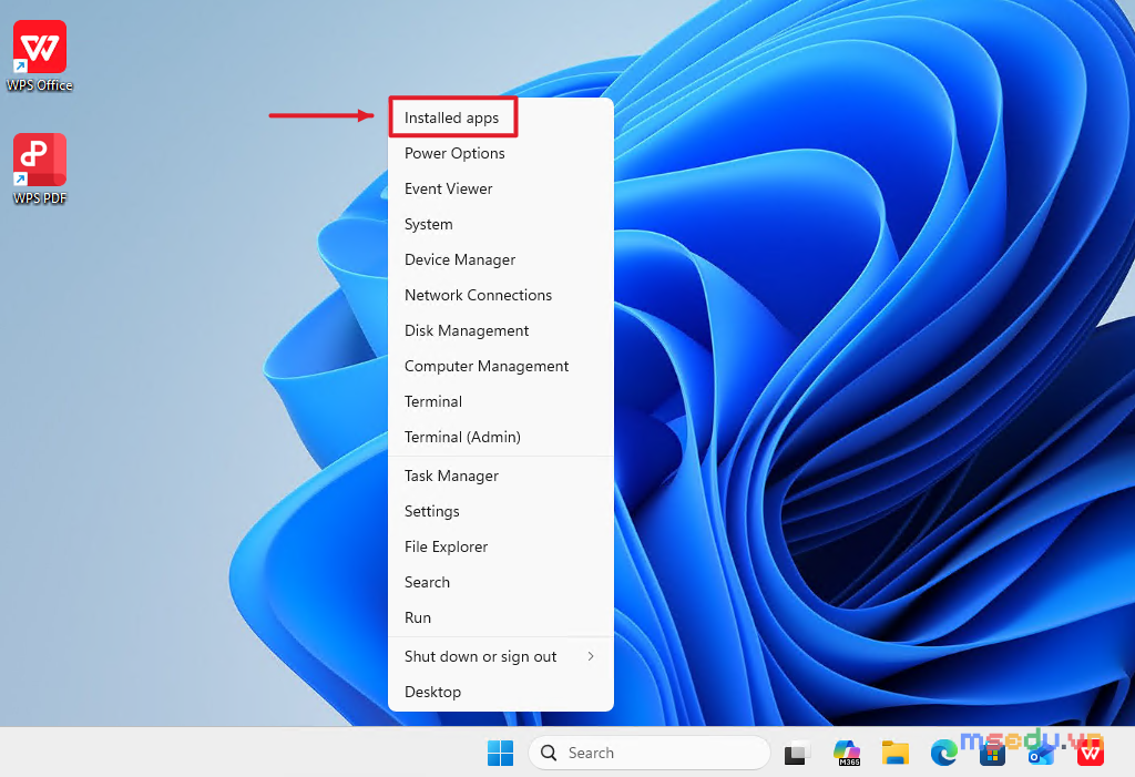 Menu chuột phải nút Start trên Windows 11 với mục Installed apps