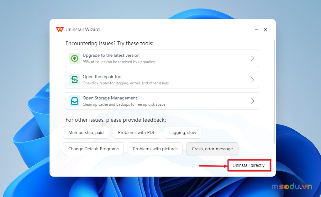 Cửa sổ WPS Office Uninstall Wizard với nút Uninstall directly ở góc dưới bên phải