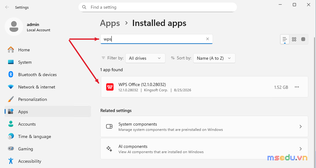 Windows 11 Installed apps tìm thấy ứng dụng WPS Office khi nhập wps
