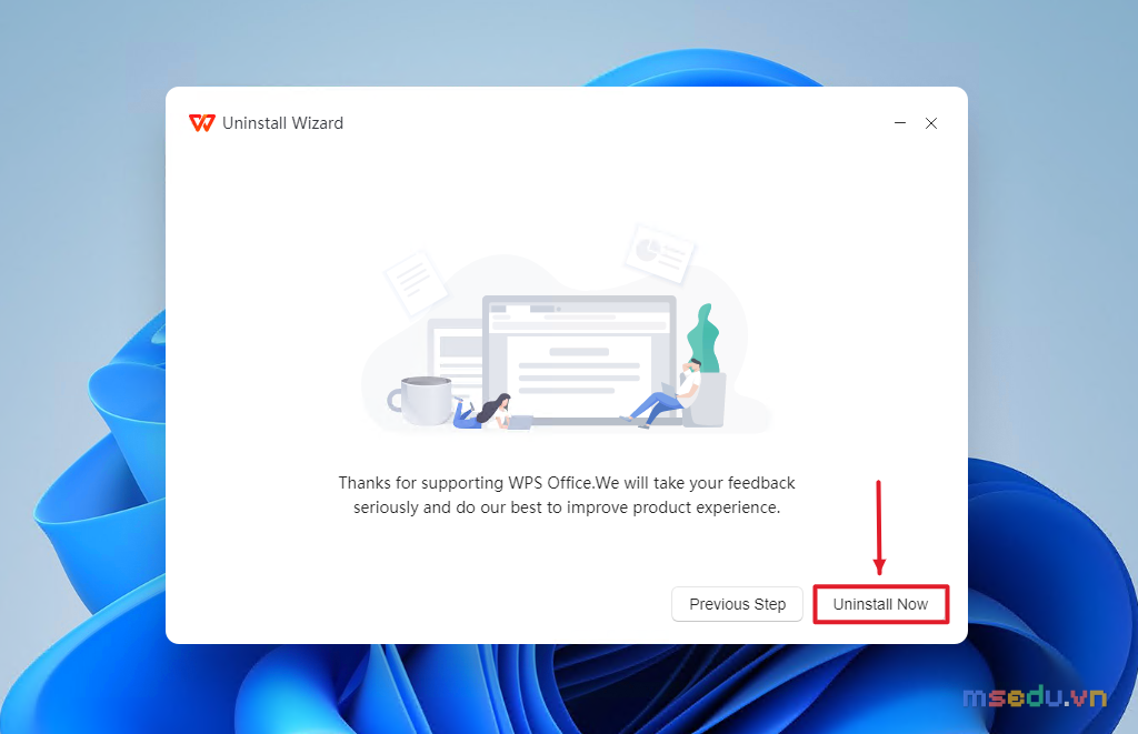 Cửa sổ Uninstall Wizard của WPS Office với nút Previous Step và Uninstall Now