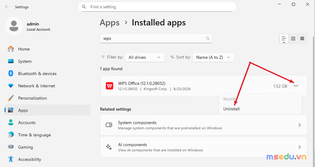 Menu dấu ba chấm của WPS Office trong Installed apps với tùy chọn Uninstall