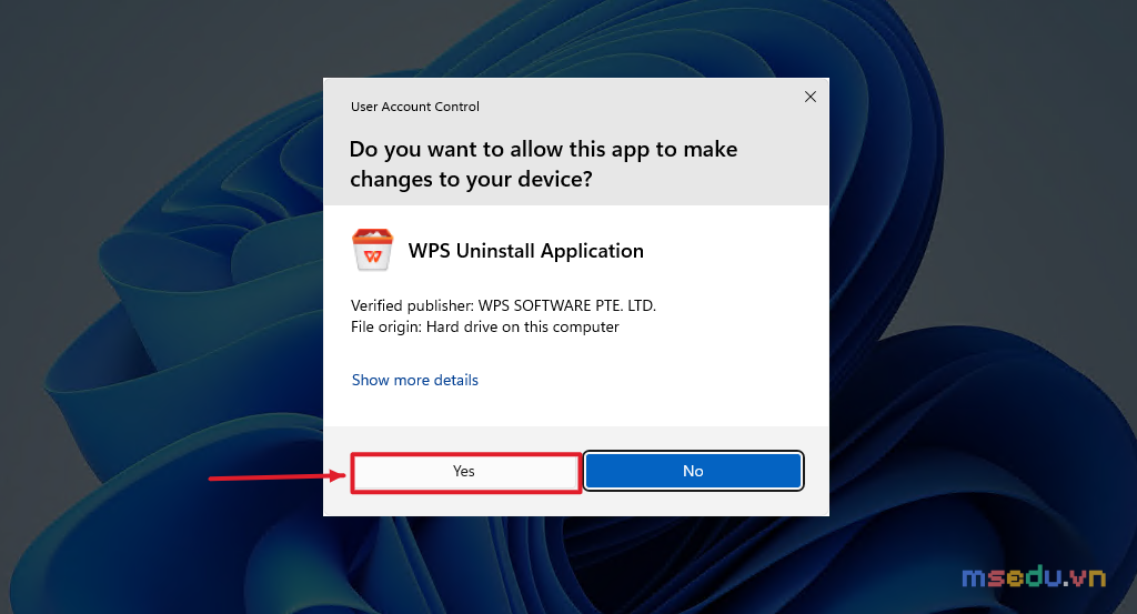 Hộp thoại User Account Control của WPS Uninstall Application với nút Yes và No