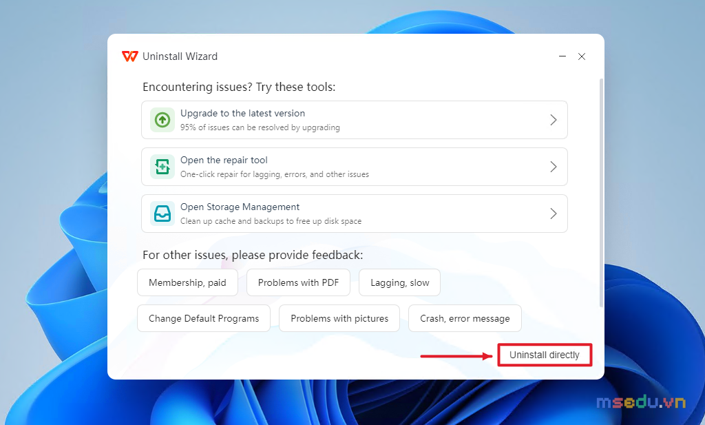 WPS Uninstall Wizard với tùy chọn Uninstall directly ở góc dưới bên phải
