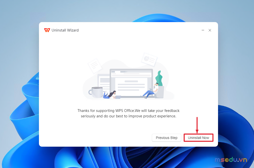 WPS Uninstall Wizard hiển thị nút Previous Step và Uninstall Now