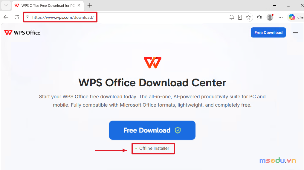 Trang WPS Office Download Center với nút Free Download để tải bộ cài WPS Office