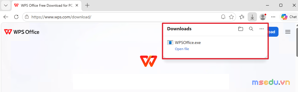 Danh sách Downloads trên trình duyệt hiển thị tệp WPSOffice.exe và tùy chọn Open file