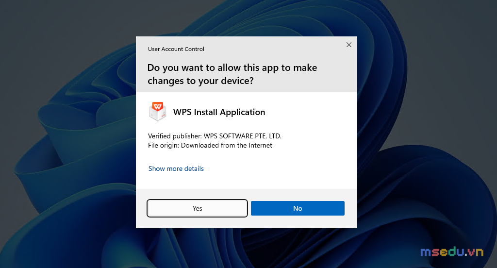 Hộp thoại User Account Control của WPS Install Application với nút Yes và No