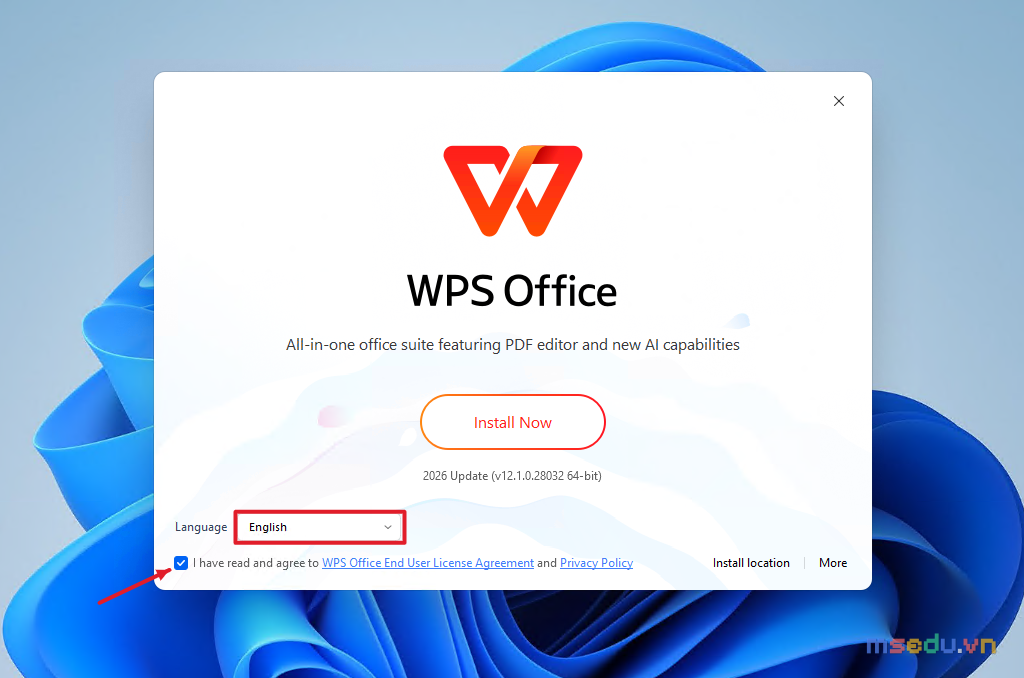 Trình cài đặt WPS Office với nút Install Now, lựa chọn Language và liên kết điều khoản sử dụng