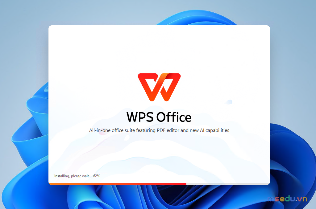 WPS Office đang cài đặt với thanh tiến trình và thông báo Installing, please wait