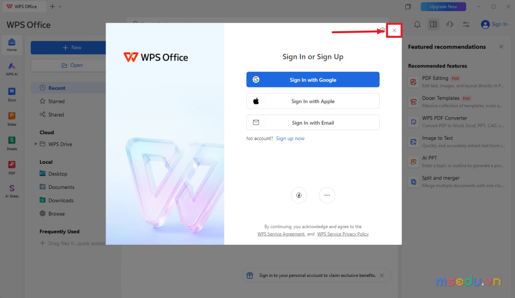 Cửa sổ Sign In or Sign Up của WPS Office với các tùy chọn Google, Apple và Email