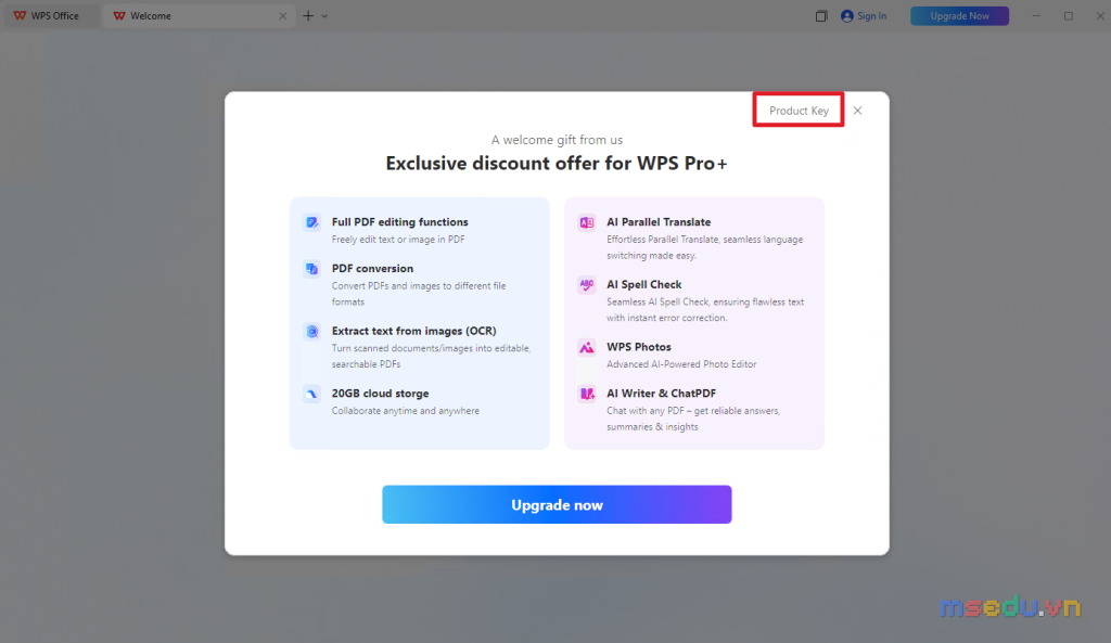 Màn hình Exclusive discount offer for WPS Pro+ với nút Upgrade now, Product Key và nút đóng