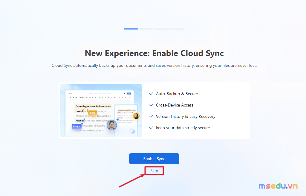 Màn hình New Experience Enable Cloud Sync của WPS Office với nút Enable Sync và liên kết Skip