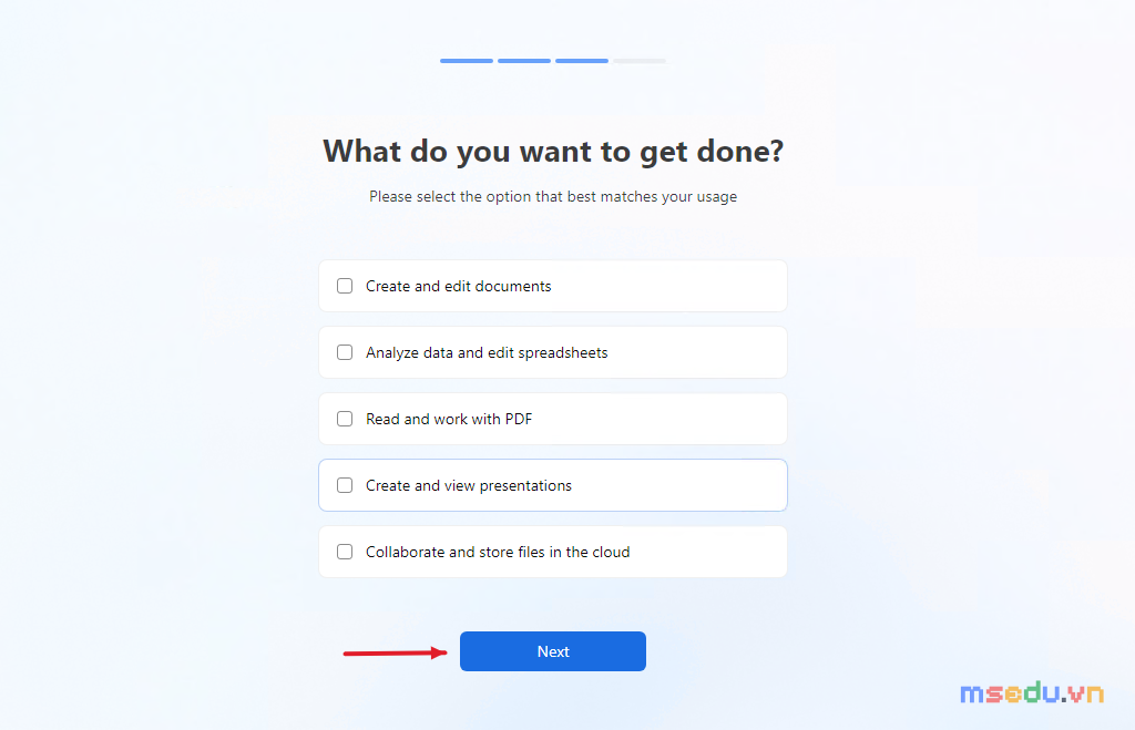 Màn hình What do you want to get done của WPS Office với các lựa chọn tài liệu, bảng tính, PDF, trình chiếu và đám mây