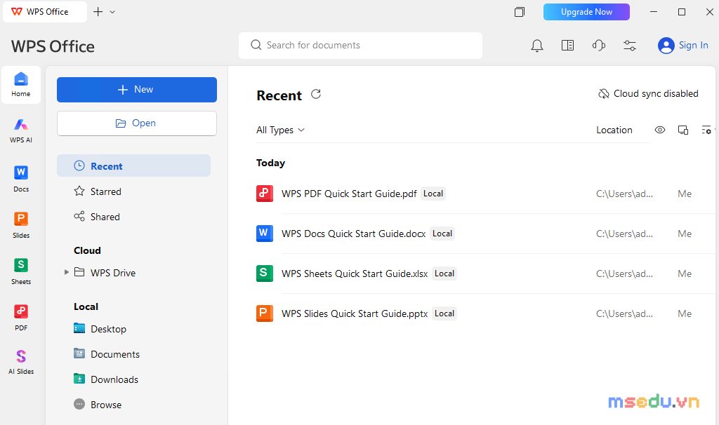 Giao diện chính WPS Office sau khi cài đặt với danh sách Recent và các ứng dụng Docs, Slides, Sheets, PDF