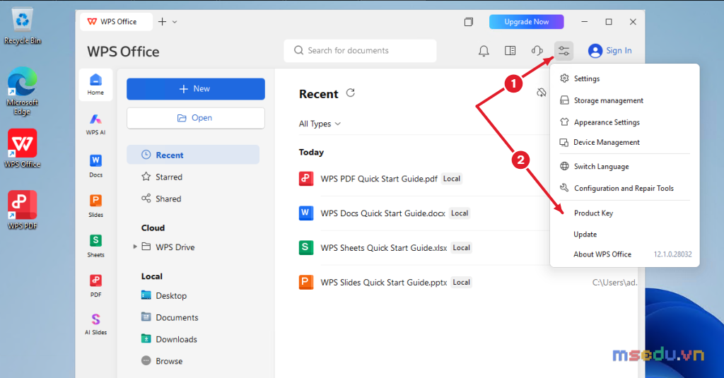 Menu tùy chọn của WPS Office hiển thị Settings, Storage management, Configuration and Repair Tools, Product Key, Update và About WPS Office