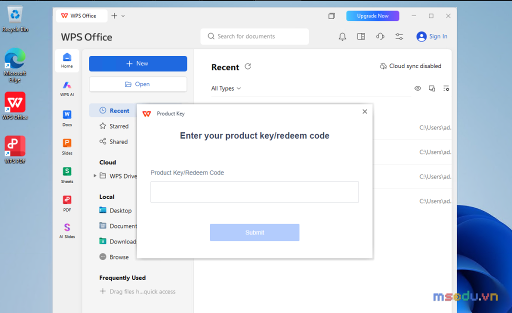 Hộp thoại Product Key của WPS Office với ô Product Key Redeem Code và nút Submit